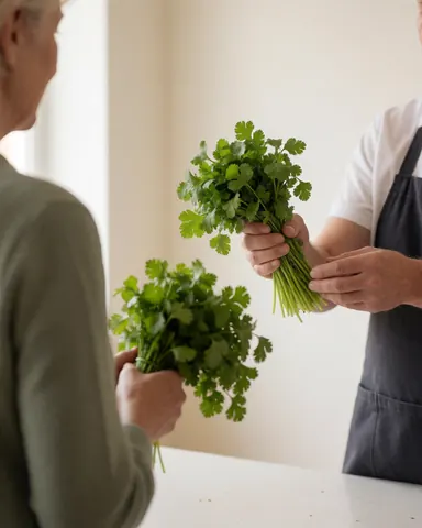 A customer receives fresh cilantro from a vendor in a produce shop with warm white walls and a clean surface.