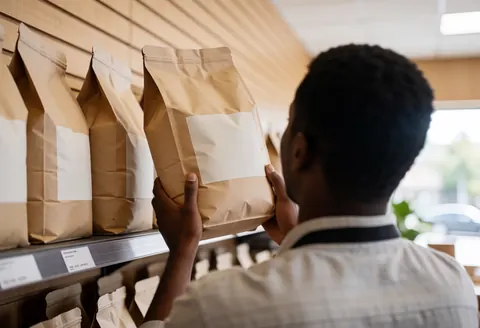 Employee reaching for a bag of pet food on a store shelf with a wooden wall and natural light