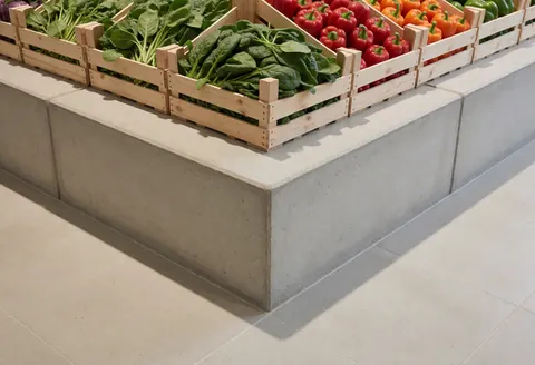 Wooden crates filled with fresh spinach and peppers on a concrete platform and tiled floor in a produce store