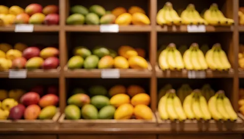 Wooden shelves holding mangoes and bananas with warm bokeh lighting, ideal text background for grocery store marketing