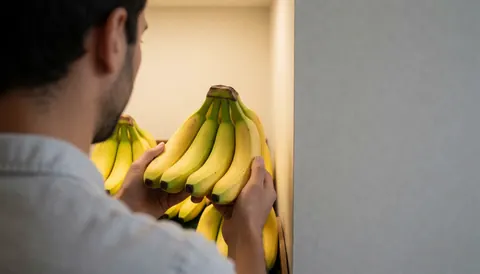 Back view of a customer selecting yellow bananas in a produce shop with warm gray walls, leaving copy space.