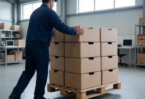 Worker pushing a pallet loaded with boxes of tomatoes in a warehouse setting with natural light