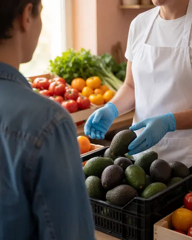 A customer choosing avocados in a produce shop with a vendor wearing blue gloves and red tomatoes in the background.