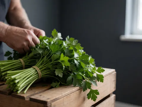Bunch of green parsley in a wooden box with adult hands tying it with a rubber band against gray walls