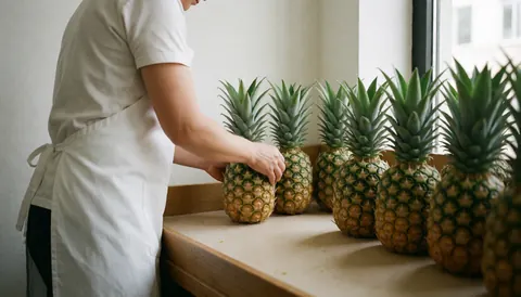A vendor selling pineapples at a wooden shelf in a fresh produce market with natural lighting.