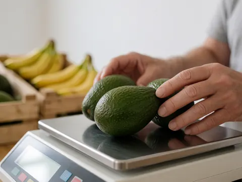 Hands placing green avocados on a digital scale with banana boxes in the background at a produce store