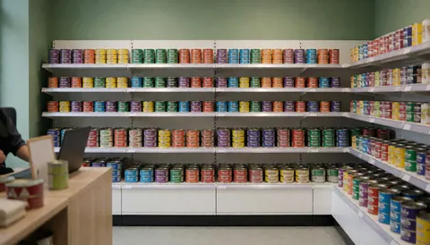 Shelves filled with canned pet food in a store with green walls and foreground space for text