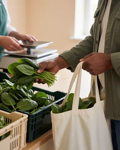 A customer puts fresh spinach into a reusable bag while a vendor weighs items on a scale at a local produce stand.