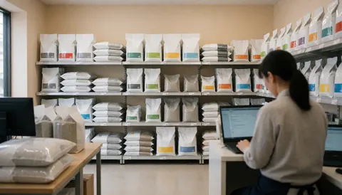 A person works in a pet store with shelves full of pet food, using a laptop.