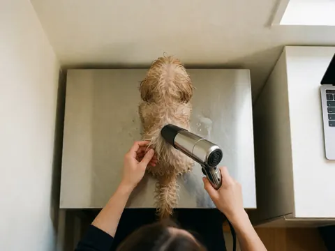 A wet dog is being dried with a hair dryer on a stainless steel table in a pet store with warm white walls.