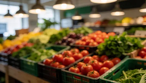 Market background with boxes of red tomatoes and green lettuce under hanging lights, ideal for text overlays on produce.