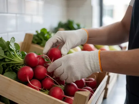 Gloved hands picking red radishes in a wooden crate inside a tiled produce shop with natural lighting