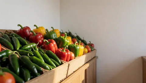 Wooden boxes filled with red, green, and yellow peppers under natural light against white walls, ideal for a produce store display.