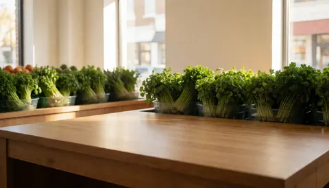 A wooden table displaying fresh green herbs in containers within a clean grocery store interior featuring cream walls and natural light from windows.