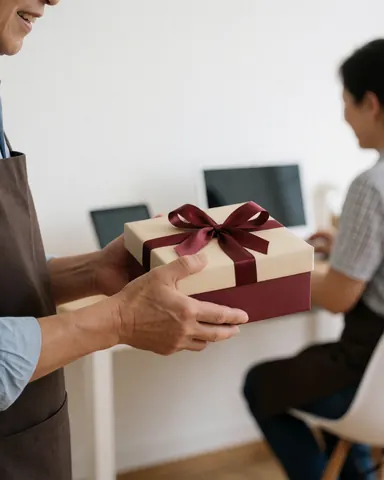 Hands holding a gift box with a red ribbon inside a bright perfume shop with white walls