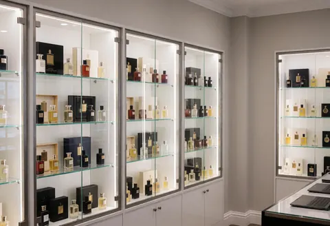 Glass display cases filled with perfume bottles and boxes in a modern perfumery with gray walls and interior lighting