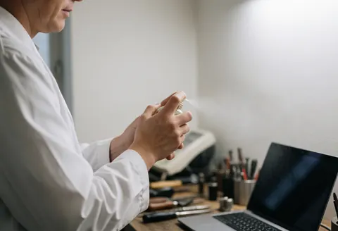 A technician in a workshop tests a perfume using a spray bottle, with tools and a laptop visible in the background.