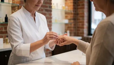 A saleswoman in a white uniform applies a product to a customer's hand in a shop with brick walls and glass shelves.