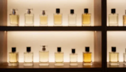 Perfume bottles arranged on wooden shelves with warm lighting, creating a calm background for text in a perfumery setting