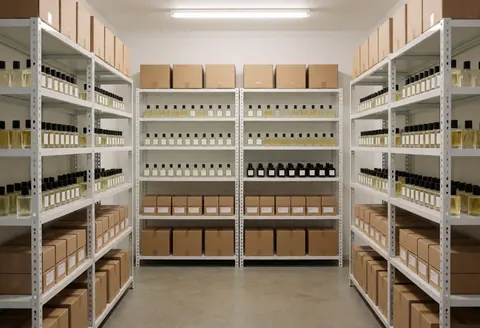 White metal shelves stocked with perfume bottles and cardboard boxes in a clean concrete warehouse with fluorescent lighting