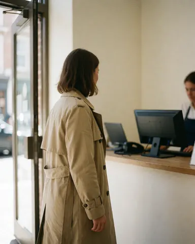 A happy customer in a beige coat enters a clean perfumery while a cashier attends to them behind a counter with a computer and phone.