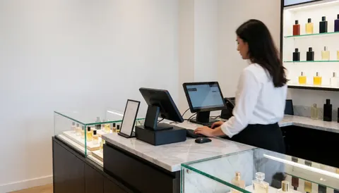 Cashier working at a perfume store counter with display cases, marble table, and white walls, leaving space on the left for text.