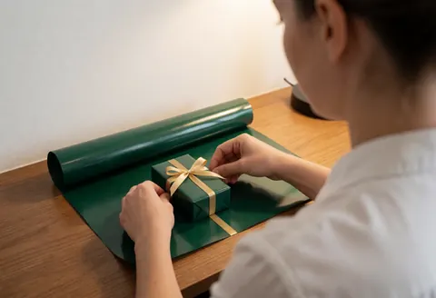 Hands wrapping a perfume box with dark green paper and gold ribbon on a wooden table in a perfumery