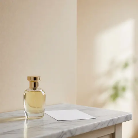 Perfume bottle with gold cap on white marble next to white card against beige wall
