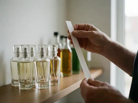A hand holds a white blotting paper strip near perfume bottles on a wooden shelf with a blurred background.