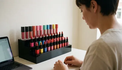 Person working with lipsticks on black shelf on white table with white wall and natural lighting for perfumery
