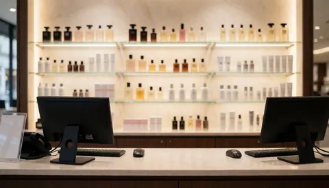 Blurred background of illuminated perfume store shelves with personal care products, suitable for advertising text overlays