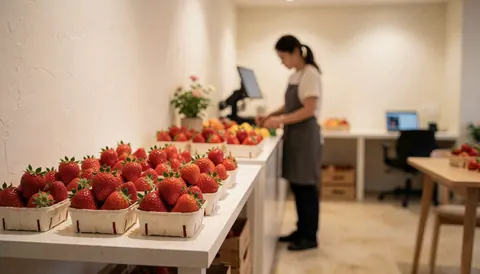 Fresh strawberries in boxes on a white table in a modern produce store with white walls and a vendor in the background