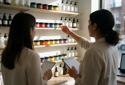 Saleswoman displays colorful jars to a customer in a perfumery store with natural light and personal care products on shelves