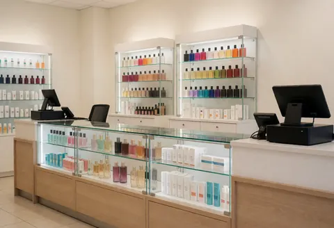 Glass perfume display cases filled with fragrances and personal care products in a clean, modern retail environment