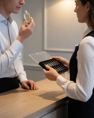 A satisfied client samples fragrance at a wooden counter while a professional sales associate holds a palette of testers in a warmly lit boutique.