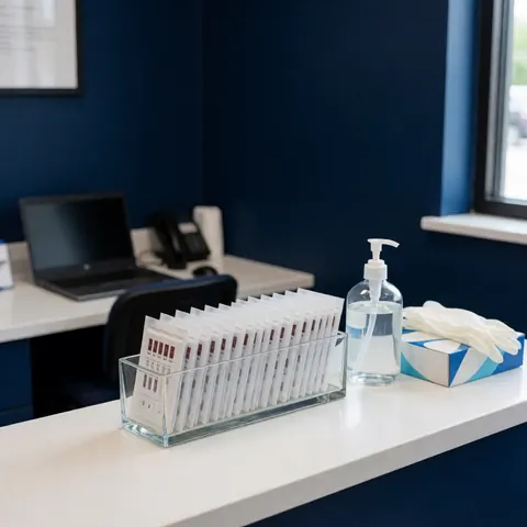 Perfume counter displaying tester strips, hydroalcoholic gel, and gloves in a clean blue-walled store ready for client service