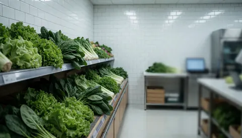 Fresh lettuce and spinach displayed on wooden shelves in a clean grocery store with white tiled walls and reflective flooring
