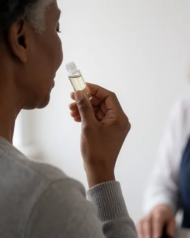 A customer testing perfume in a bottle at a perfumery store, with hand and bottle visible against a white wall background