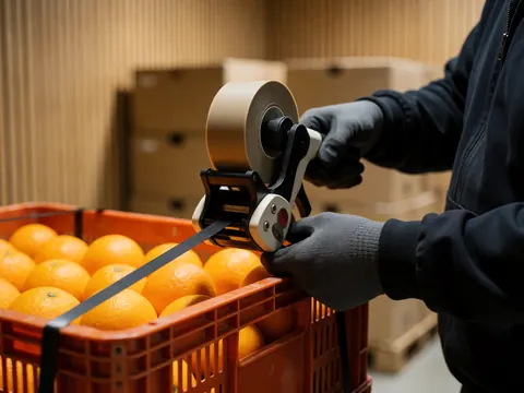 Gloved hands securing an orange cardboard box with black packing tape in a warehouse with wooden walls
