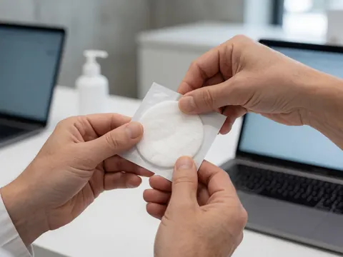 Hands opening a sterile cotton pad package on a white table with laptops, clean and modern scene for perfumery