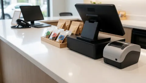 White modern counter with cash register, receipt printer, and pet snack bags for a pet store