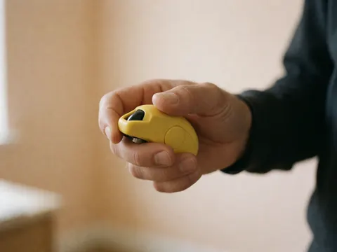 Close-up of an adult hand holding a yellow clicker against a blurred beige wall background, ideal for pet store marketing materials.