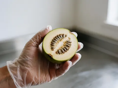 A gloved hand holds a halved fruit showing seeds on a clean metal surface in a produce store