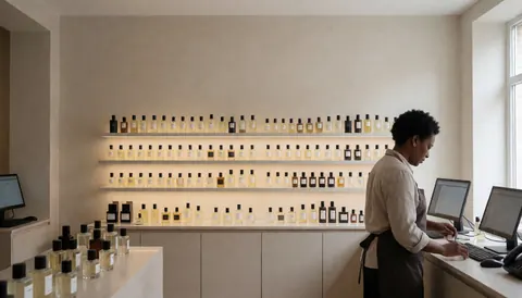 A person works at a perfume shop counter with illuminated shelves of fragrance bottles and computers.