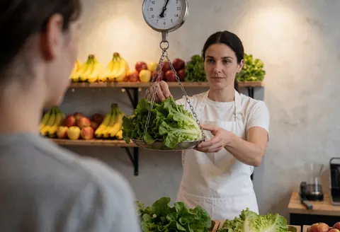 A vendor weighs fresh lettuce on a scale at a produce store while a customer waits nearby with fruits on shelves.