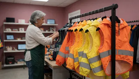 Reflective dog vests in orange and yellow displayed in a pet store with pink walls and natural lighting