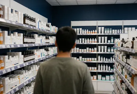 Back view of a customer looking at shelves with personal care products in a perfumery with blue walls and bright lighting