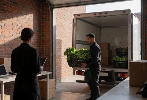 Worker loading vegetables from a truck in a produce store with a brick wall and morning light