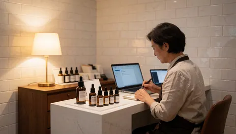 A perfumer works with serums at a white counter, with a warm lamp and white tiled walls in a perfumery.