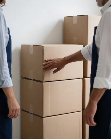 A customer inspects stacked cardboard boxes in a grocery store with white walls and workers wearing aprons.
